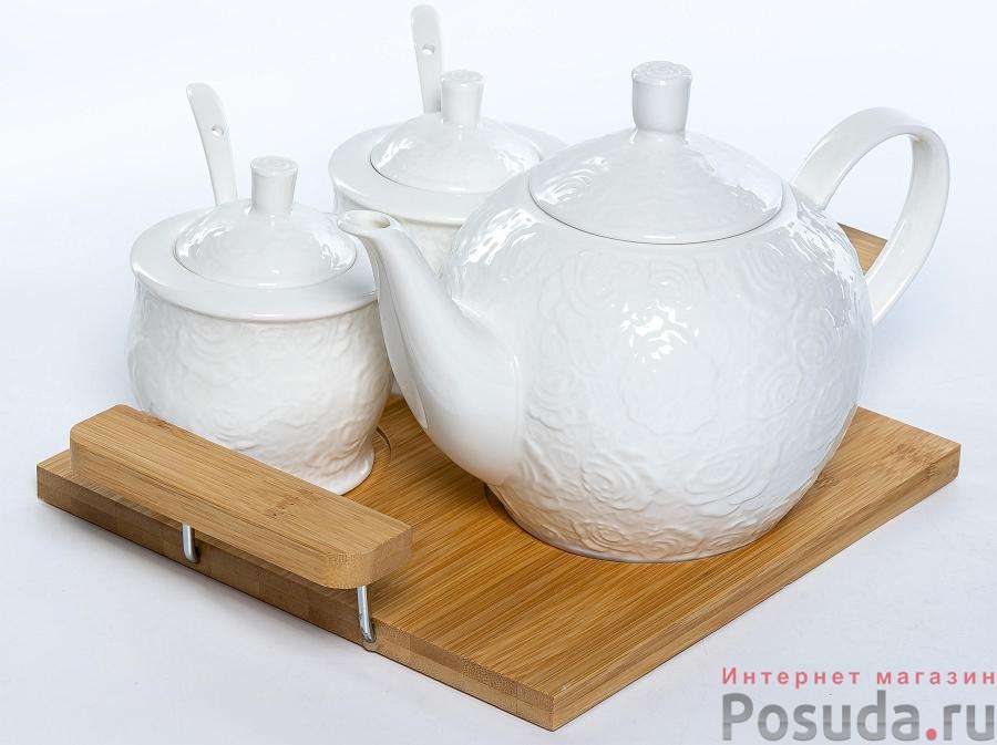 РОЗА, набор для сервировки (6) чайник 1200мл + 2 сахарницы 300мл с ложками на бамбук.подставке, цветная упаковка