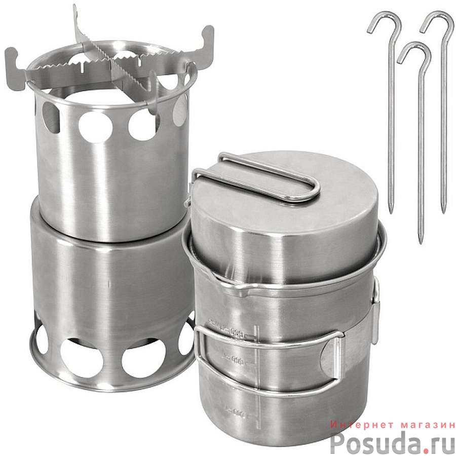 Набор туристической посуды в комплекте с печью-щепочницой. 3 предмета. Размер 12,5х22 см. NEW