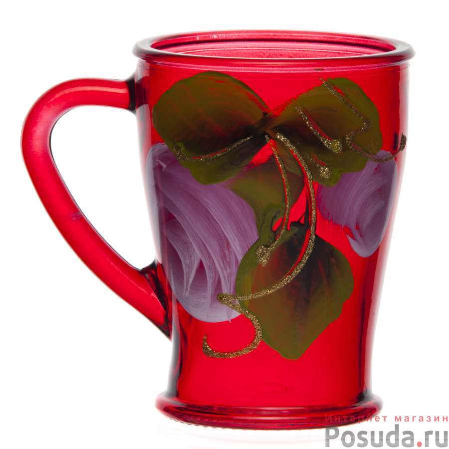 Набор 6 пр.: кружка для чая (П-73-200-ЕЧ-Чайкофф) 200 мл с худож. росписью на крашеном стекле -Красная с розой