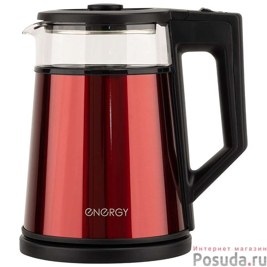 Чайник Energy E-200 (1,2 л), стекло, красный, двойной корпус